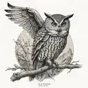 A stylized owl perched on a tree branch, with a background of a topographical map of a favorite hiking trail, done in black-grey for a realistic look tattoo design idea