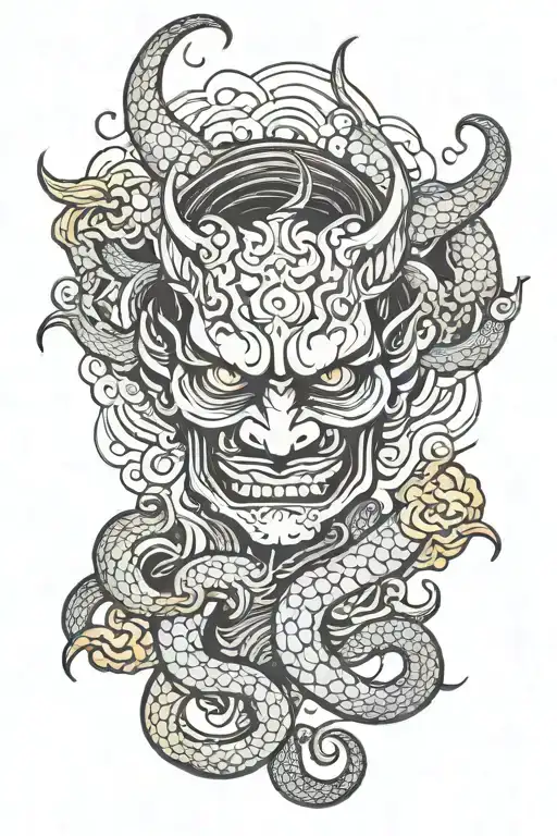 smoke sunset stars snakeskin hannya tattoo design idea