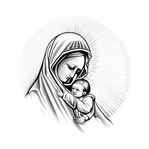  the Virgin Mary holding baby Jesus, a halo around Mary's head to symbolize the Holy Spirit, background includes a cross tattoo design idea