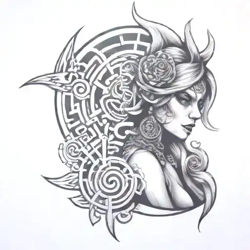 Woman in the labyrinth tattoo design idea
