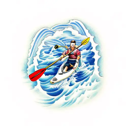 A white water kayaker riding a wave formed by a shark's fin tattoo design idea
