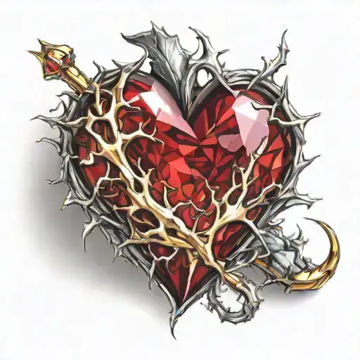 Crystal Deep Red Heart, The word "Ruby" in gold underneath, intricate silver thorns twisting around. tattoo design idea