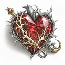 Crystal Deep Red Heart, The word "Ruby" in gold underneath, intricate silver thorns twisting around. tattoo design idea