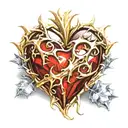 Crystal Deep Red Heart, The word "Ruby" in gold underneath, intricate silver thorns twisting around. tattoo design idea