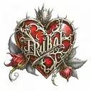 Crystal Deep Red Heart, The word "Ruby" in gold underneath, intricate silver thorns twisting around. tattoo design idea