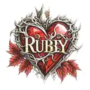 Crystal Deep Red Heart, The word "Ruby" in gold underneath, intricate silver thorns twisting around. tattoo design idea