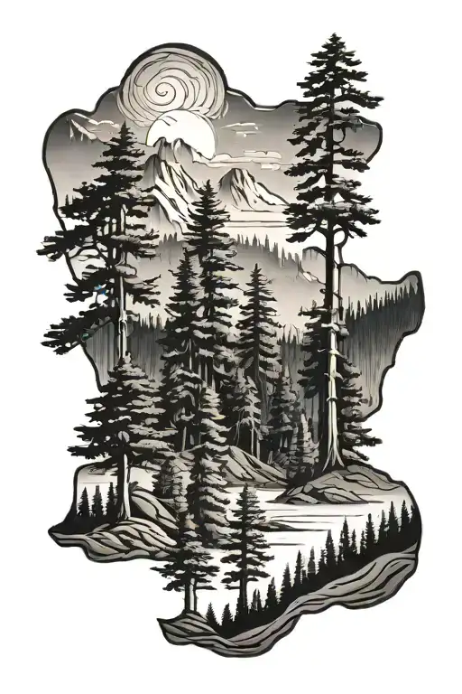 California forest landscape tattoo featuring redwoods and mountains tattoo design idea