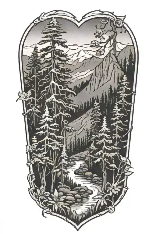 honeysuckle leading into an outdoor landscape with California mountain and redwoods  tattoo design idea
