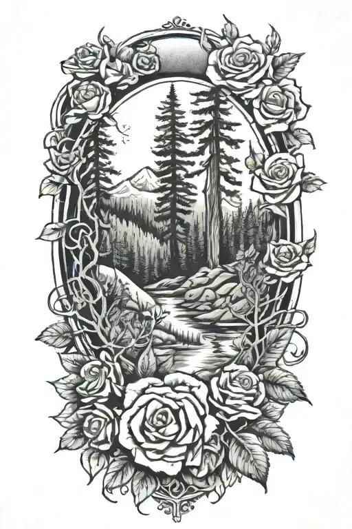honeysuckle and roses intertwined and leading into an outdoor landscape with California mountain and redwoods  tattoo design idea