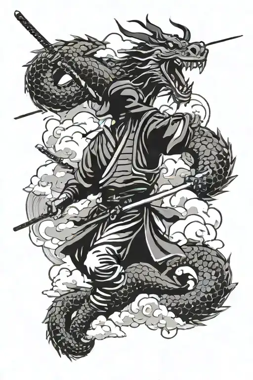 samurai ronin with eastern cloud below, below the cloud a eastern dragon with cloud below, and a samurai mask tattoo design idea