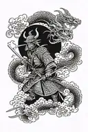 samurai ronin with eastern cloud below, below the cloud a eastern dragon with cloud below, and a samurai mask tattoo design idea