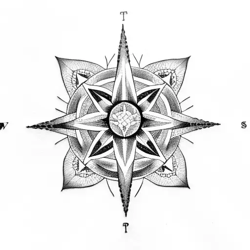 A dotwork tattoo featuring a compass rose with intricate flower of life petals tattoo design idea