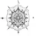 A dotwork tattoo featuring a compass rose with intricate flower of life petals tattoo design idea