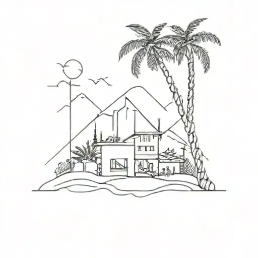 coffee house in turkey with mountains in the back and a palm tree in the front  tattoo design idea