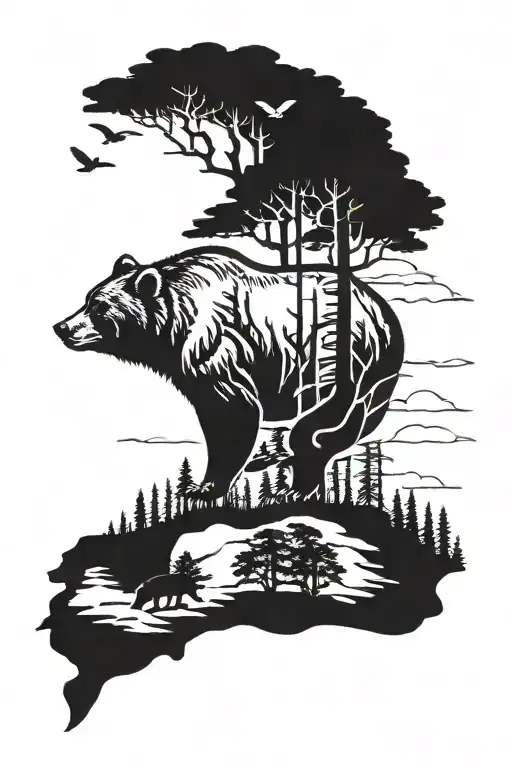 upper wrist tattoo design of negative outline of california bear with dark woods background and birds flying overhead  tattoo design idea