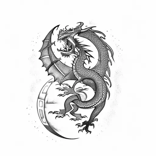A blackwork tattoo of a dragon wrapped around The planet jupiter tattoo design idea