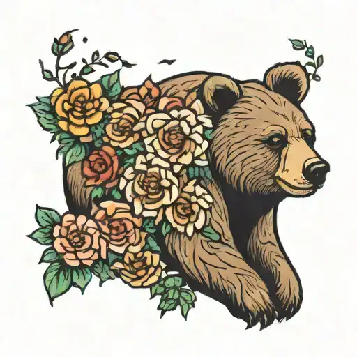 momma bear with flowers tattoo design idea