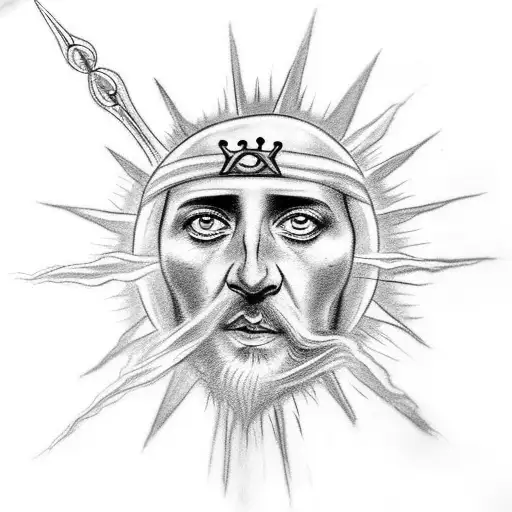 I need a tattoo sleeve sketch including King Baldwin IV, Jesus, Moses, A lamb, a dove and John 14:17, and the Sun of kno tattoo design idea