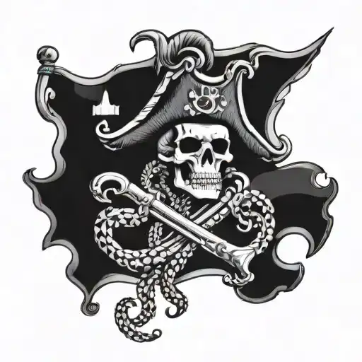 A detailed blackwork tattoo of a fierce pirate captain with a skull and crossbones flag, surrounded by a swirling octopus tentacle, symbolizing your love for the pirate lifestyle and the mysteries of the ocean. tattoo design idea