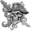 A skull wearing a pirate hat, surrounded by swirling octopus tentacles and crossed gun and knife, symbolizing your fascination with the dark and adventurous side of the ocean, in a black-grey style for a moody and intense look. tattoo design idea