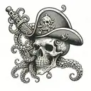 A skull wearing a pirate hat, surrounded by swirling octopus tentacles and crossed gun and knife, symbolizing your fascination with the dark and adventurous side of the ocean, in a black-grey style for a moody and intense look. tattoo design idea