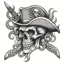 A skull wearing a pirate hat, surrounded by swirling octopus tentacles and crossed gun and knife, symbolizing your fascination with the dark and adventurous side of the ocean, in a black-grey style for a moody and intense look. tattoo design idea