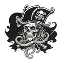 A detailed blackwork tattoo of a fierce pirate captain with a skull and crossbones flag, surrounded by a swirling octopus tentacle, symbolizing your love for the pirate lifestyle and the mysteries of the ocean. tattoo design idea