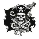 A detailed blackwork tattoo of a fierce pirate captain with a skull and crossbones flag, surrounded by a swirling octopus tentacle, symbolizing your love for the pirate lifestyle and the mysteries of the ocean. tattoo design idea