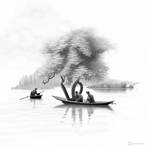 2 men in flat bottom boat on a lake with Cyprus trees and cliff on right side tattoo design idea
