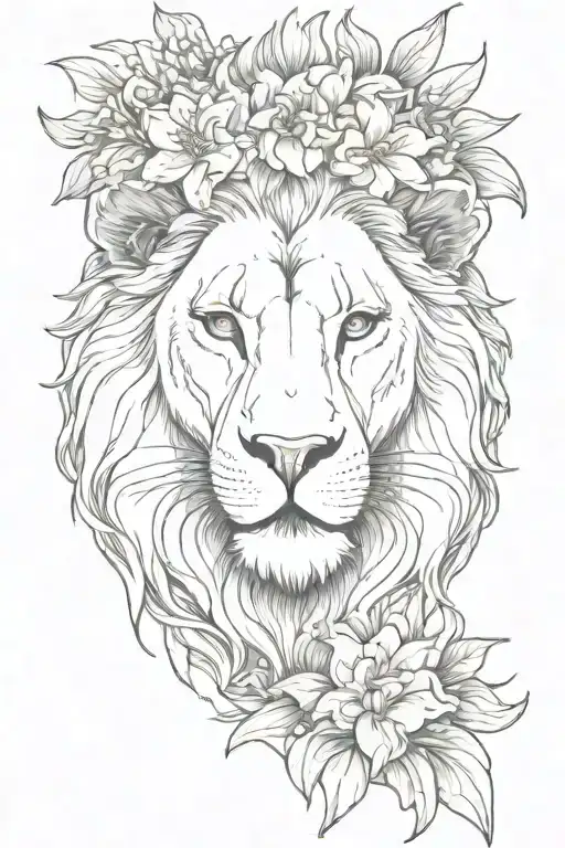 lion head with Lily flowers around it with flower crown use stippling for shading  tattoo design idea