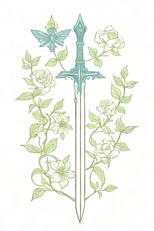 A minimalist design of the Master Sword from Legend of Zelda intertwined with vines and flowers to represent your love for gaming and gardening tattoo design idea