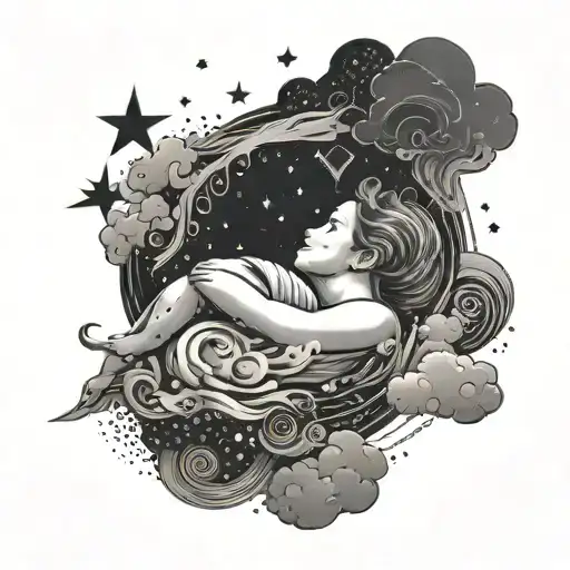 A dreamy tattoo of a sleeping figure surrounded by swirling clouds and stars, symbolizing the peacefulness of rest and relaxation tattoo design idea