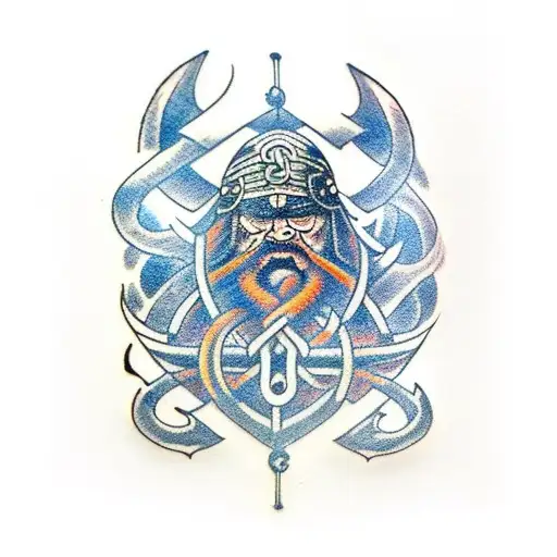 A viking influenced tattoo incorporating only a sword and an anchor with hints of navy blue tattoo design idea