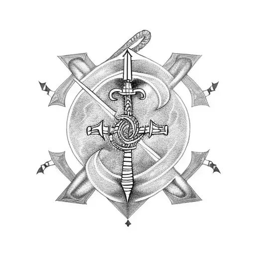 A futuristic influenced tattoo incorporating only a sword and an anchor with hints of navy blue tattoo design idea