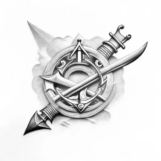 A futuristic influenced tattoo incorporating only a sword and an anchor with hints of navy blue tattoo design idea