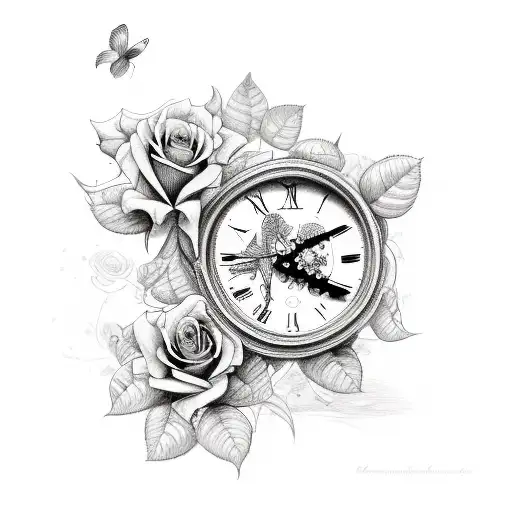 rose clocks butterfly's memorial  tattoo design idea