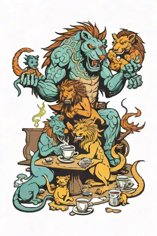 A family of lions and dragons gathered around a coffee table, enjoying a game night together tattoo design idea