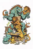 A family of lions and dragons gathered around a coffee table, enjoying a game night together tattoo design idea