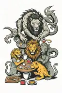A family of lions and dragons gathered around a coffee table, enjoying a game night together tattoo design idea