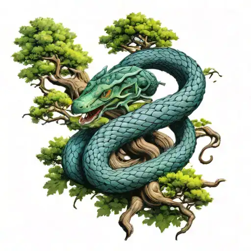 Jörmungandr wrapped around tree of life in color  tattoo design idea