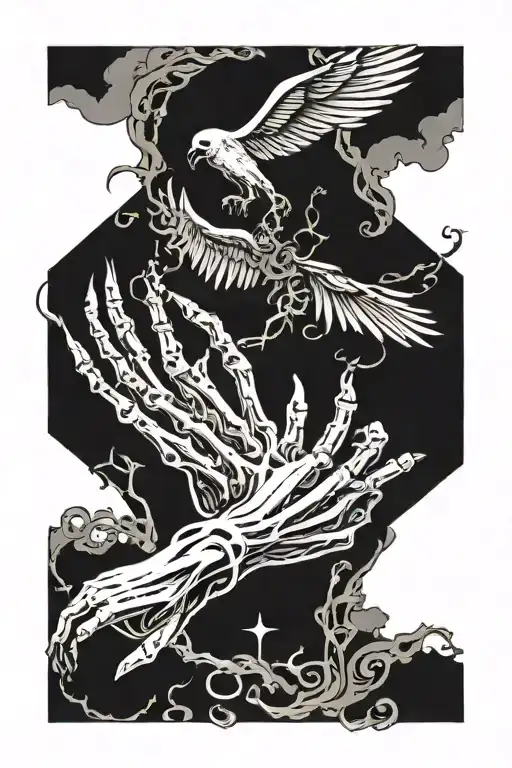icarus falling add text 'memento mori' and hands reaching to skeleton hand  tattoo design idea
