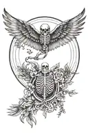 Icarus falling leavs circle on top with skeleton hand and humman hand add some geometric lines and text Mement mori tattoo design idea