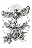 Icarus falling leavs circle on top with skeleton hand and humman hand add some geometric lines and text Mement mori tattoo design idea