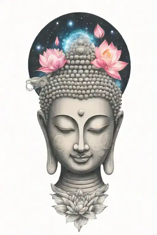 buddha and galaxy and lotus flower blooming tattoo design idea