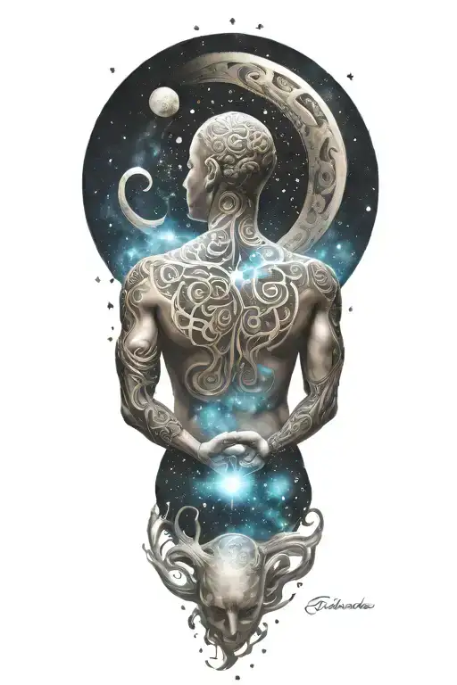 Meditation pose surrounded by swirling galaxy patterns tattoo design idea
