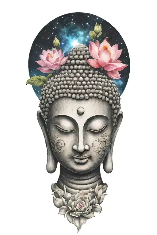 buddha and galaxy and lotus flower blooming tattoo design idea