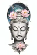 buddha and galaxy and lotus flower blooming tattoo design idea