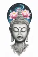buddha and galaxy and lotus flower blooming tattoo design idea