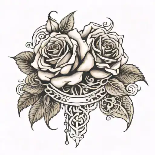 Imagine a tattoo where two intricately detailed roses are intertwined, each with a rosary draped over them. Behind the r tattoo design idea