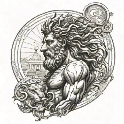 Full arm tattoo with: the Greek god Neptune, rounded Corinth's elements on the top, and a lion in the bottom only in bw tattoo design idea